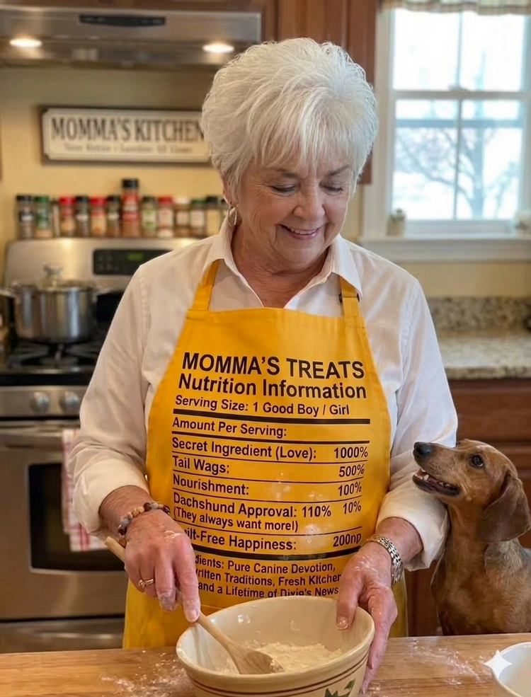 Momma Gail in her Momma's Treats apron mixing in the kitchen with Mr. Weenie the dachshund looking up beside her
