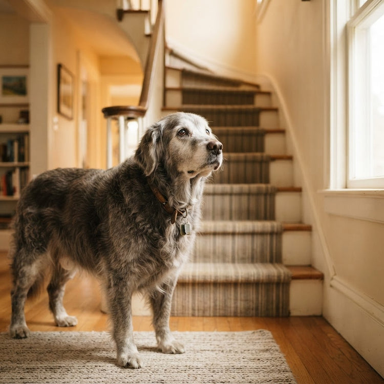 Senior dog standing at the base of the stairs on hardwood floors, looking up — illustrating arthritis and mobility challenges in older dogs