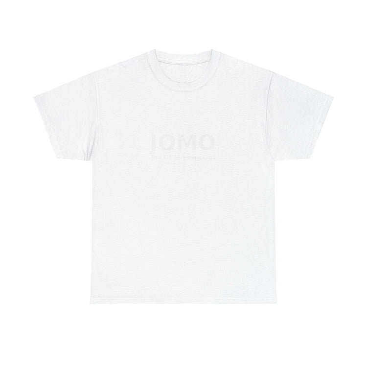 JOMO Minimalist White Tee — 'JOMO' Subtle Chest Print, Casual Everyday T-Shirt