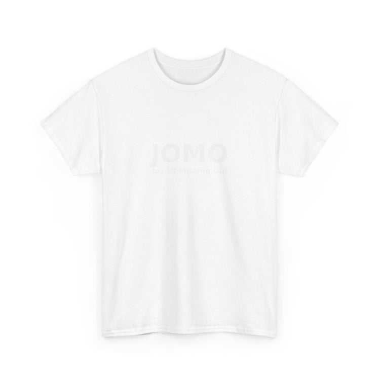 JOMO Minimalist White Tee — 'JOMO' Subtle Chest Print, Casual Everyday T-Shirt