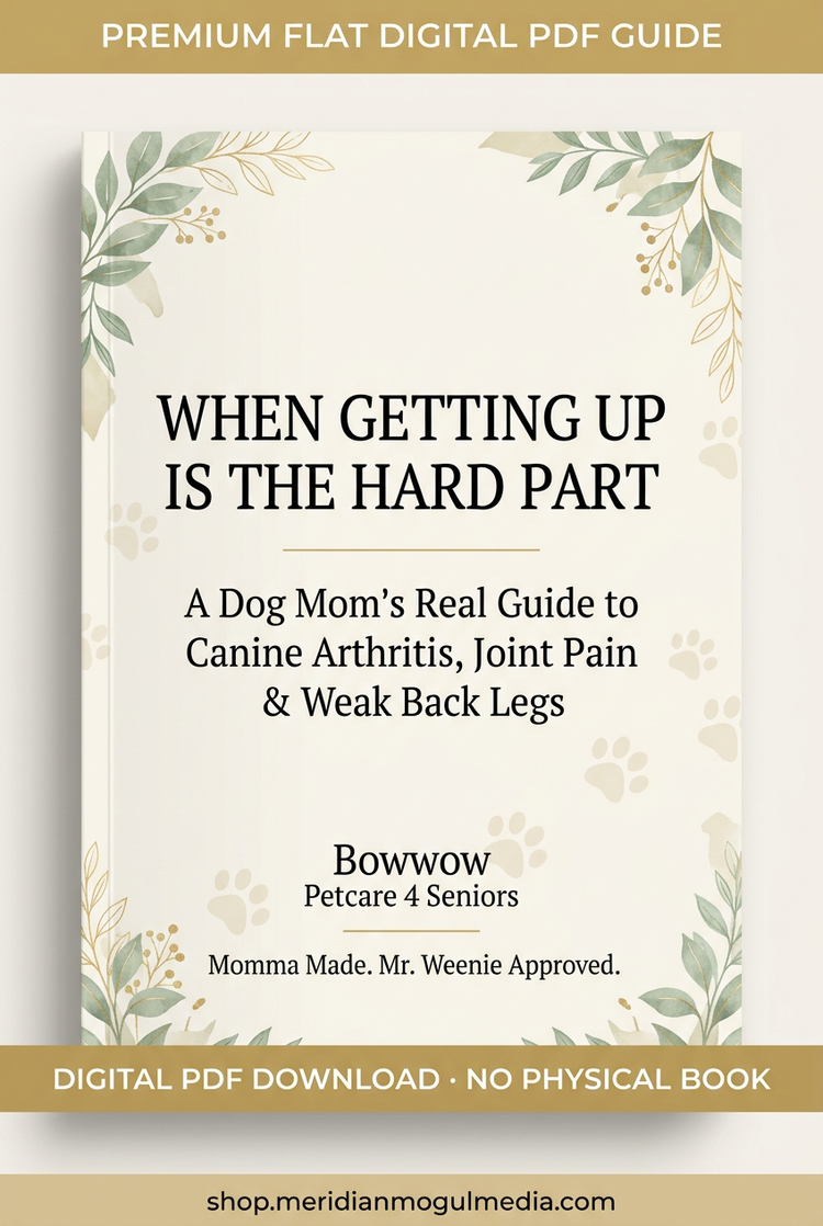 “When Getting Up Is the Hard Part digital PDF arthritis guide cover, with a cream background, leafy botanical corners, and paw prints.”