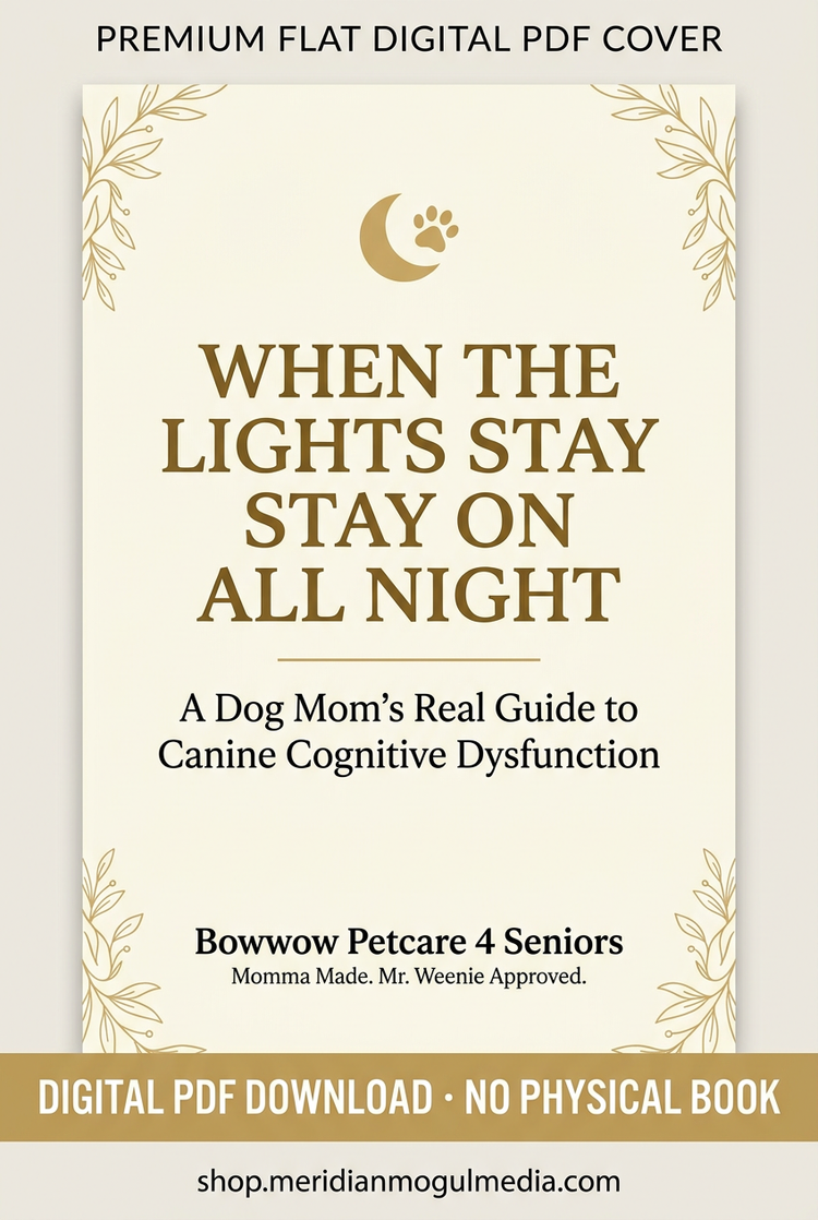 “When the Lights Stay On All Night digital PDF guide to canine cognitive dysfunction, with cream-and-gold botanical details and a crescent moon.”