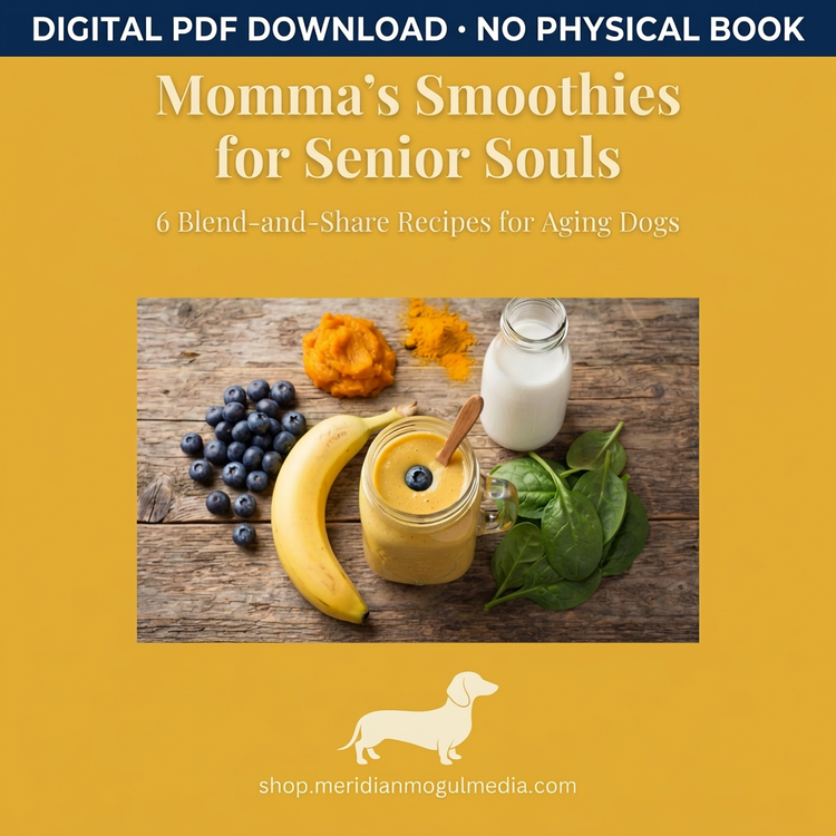 “Momma’s Smoothies for Senior Souls digital PDF cookbook cover, with a yellow background and a smoothie surrounded by fruit and leafy greens.”