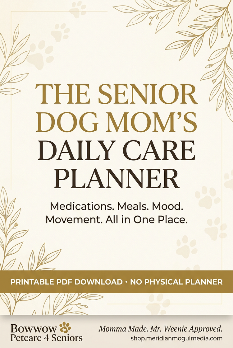 “The Senior Dog Mom’s Daily Care Planner cover, with cream-and-gold botanical details, paw prints, and a printable PDF download banner.”