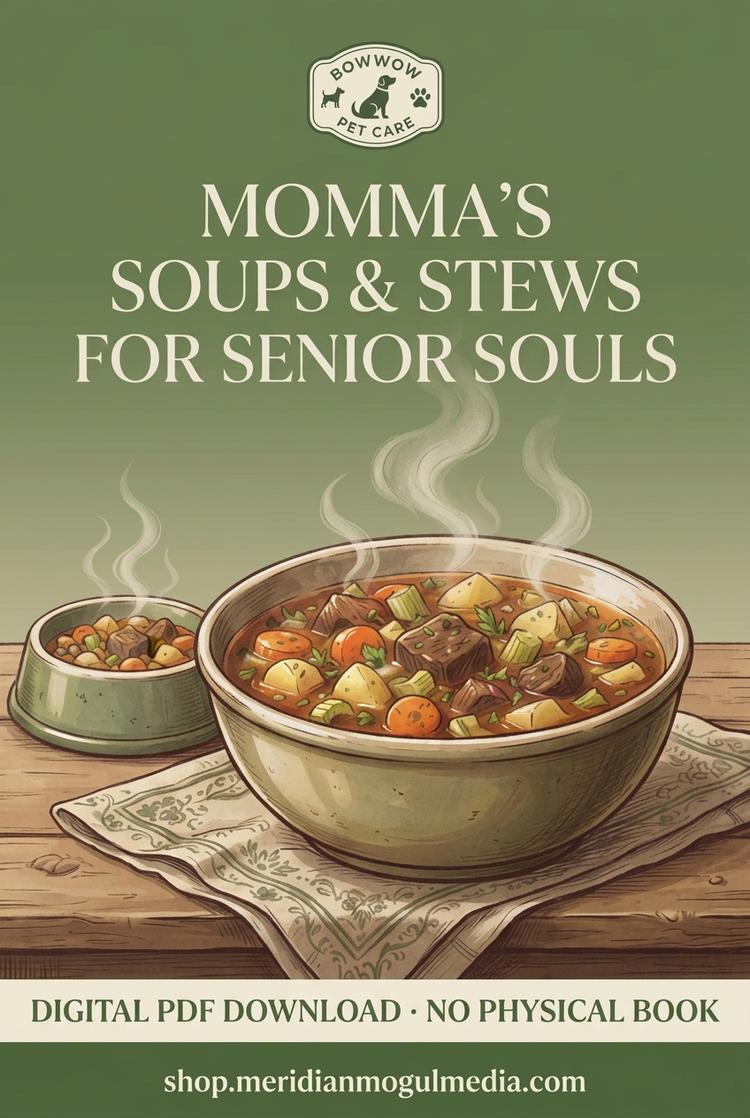 Digital cover for a pet food guide titled 'Momma's Soups & Stews for Senior Souls' by Bowwow Pet Care, featuring an illustration of a steaming bowl of chunky beef and vegetable stew on a wooden table.