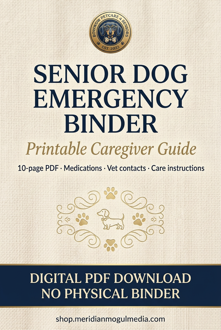 “Senior Dog Emergency Binder printable caregiver guide cover, with a cream background, navy download banner, and gold dachshund and paw-print details.”