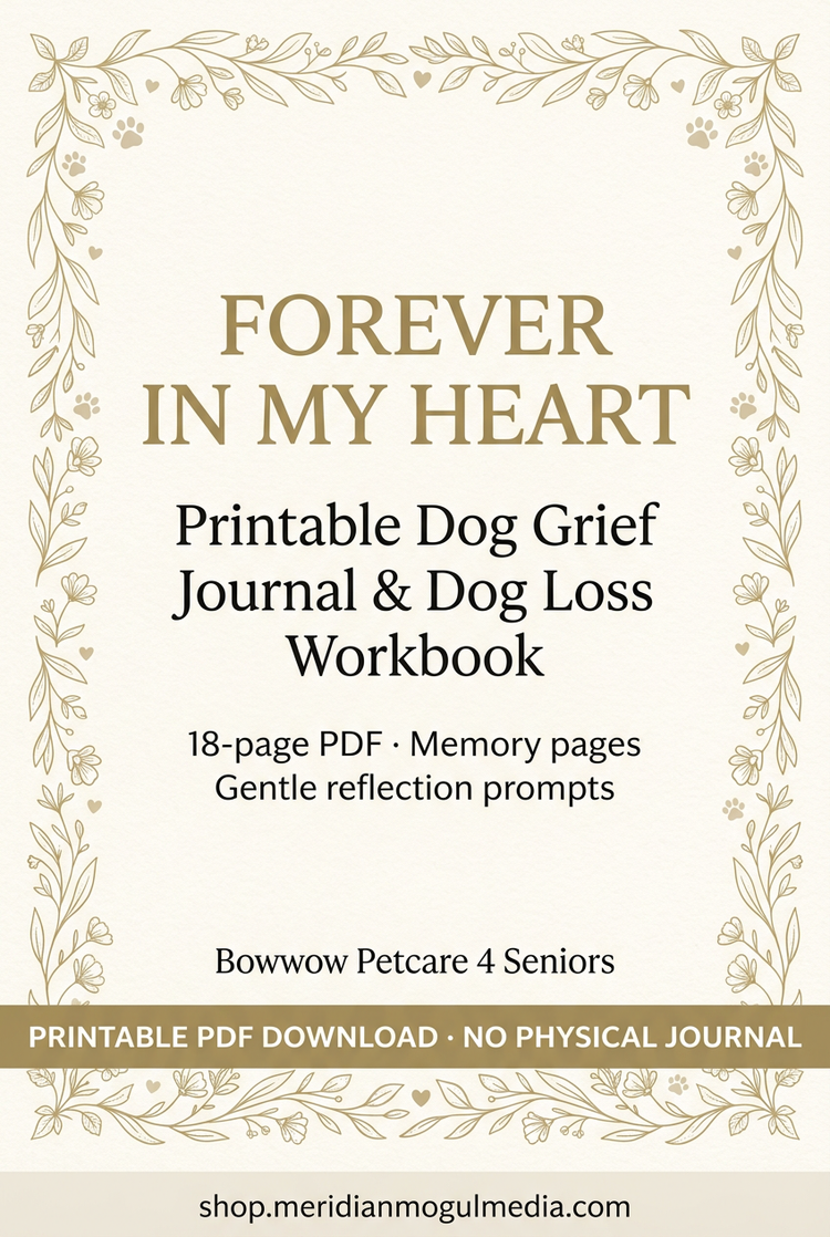 “Forever In My Heart printable dog grief journal cover, with a cream-and-gold floral border, small hearts, and paw prints.”