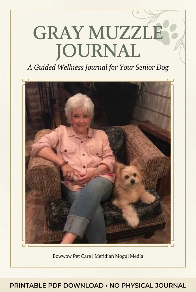 Gray Muzzle Journal printable PDF cover, featuring a woman seated beside a small tan dog in a wicker chair, framed by cream-and-gold details.