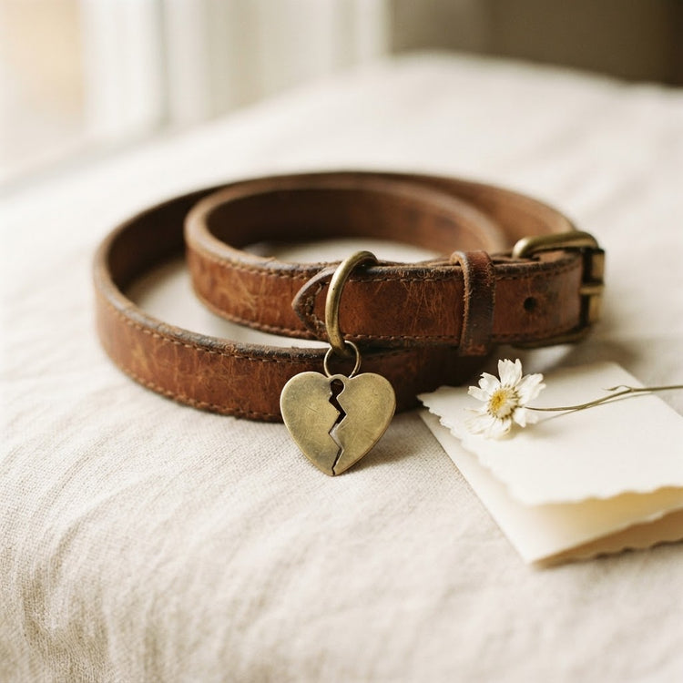 “Worn brown leather dog collar with a broken-heart brass tag beside a small white flower on cream fabric.”