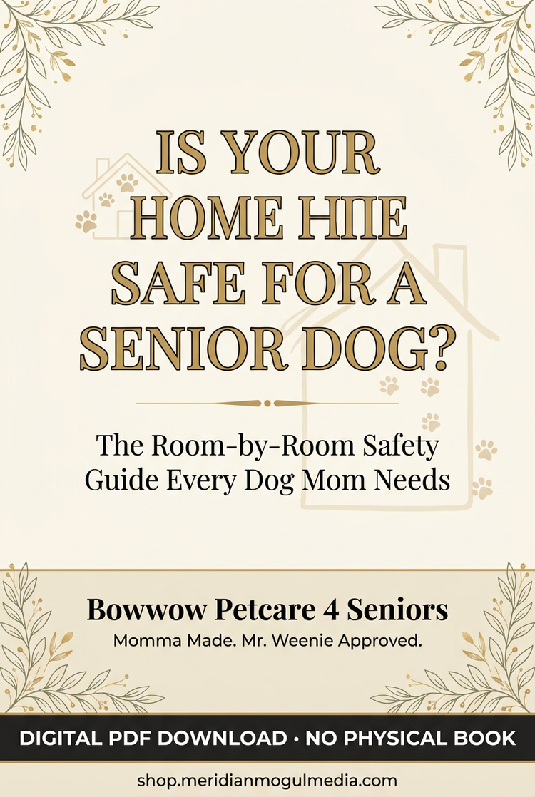 “Senior Dog Home Safety Guide digital PDF cover, with a cream background, gold botanical details, and a no-physical-book banner.”