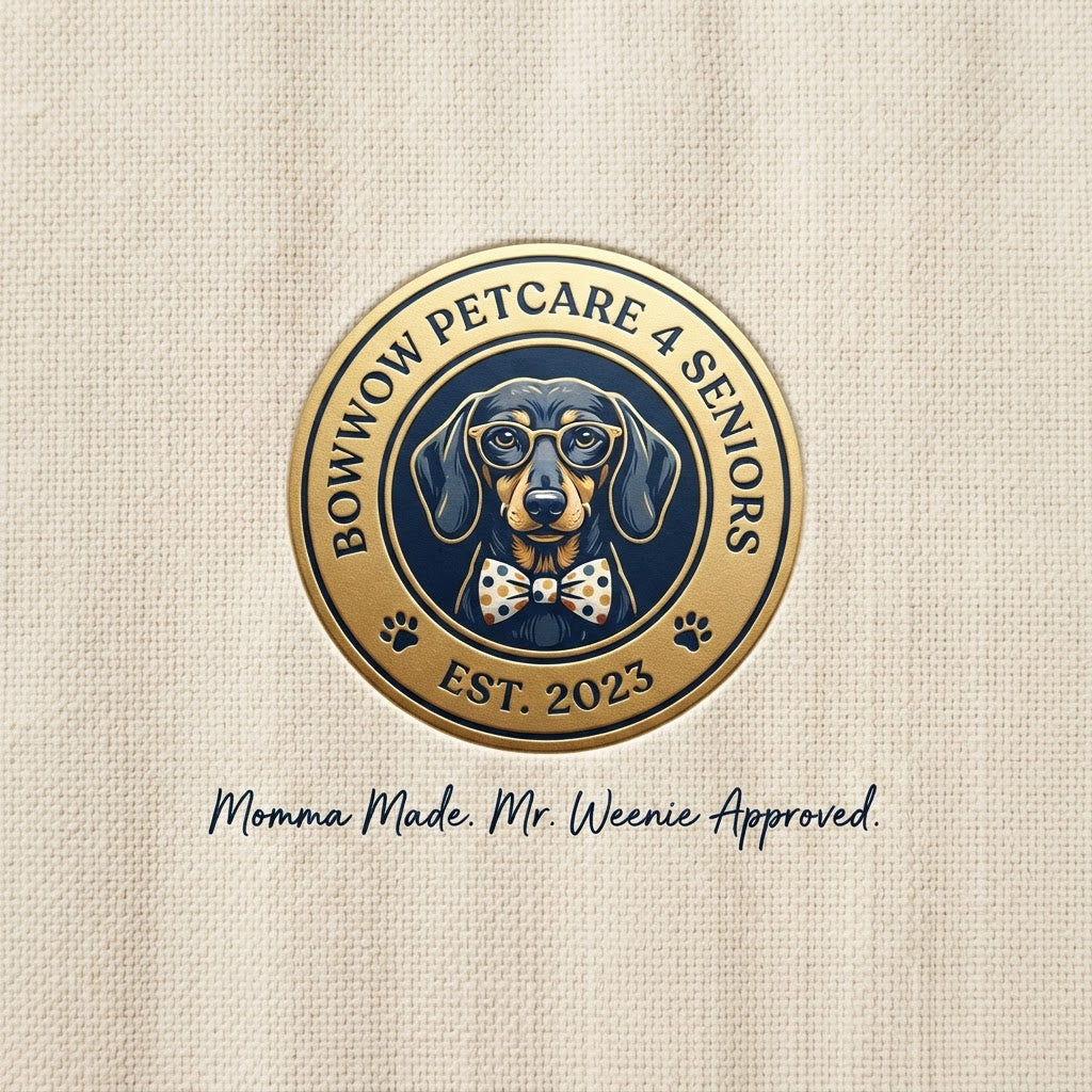 “Bowwow Petcare 4 Seniors navy-and-gold logo featuring a dachshund wearing glasses and a bow tie, with the words Momma Made. Mr. Weenie Approved.”