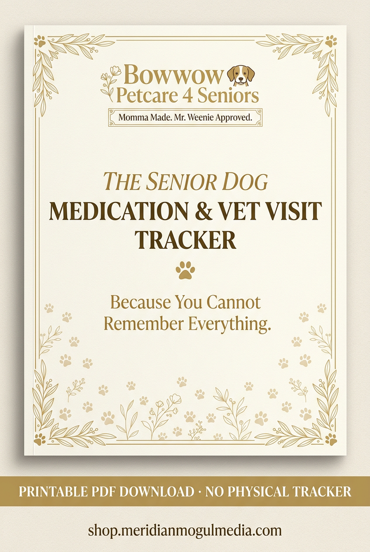 or the cover:

“Senior Dog Medication & Vet Visit Tracker cover, with cream-and-gold botanical details and a printable PDF download banner.”
