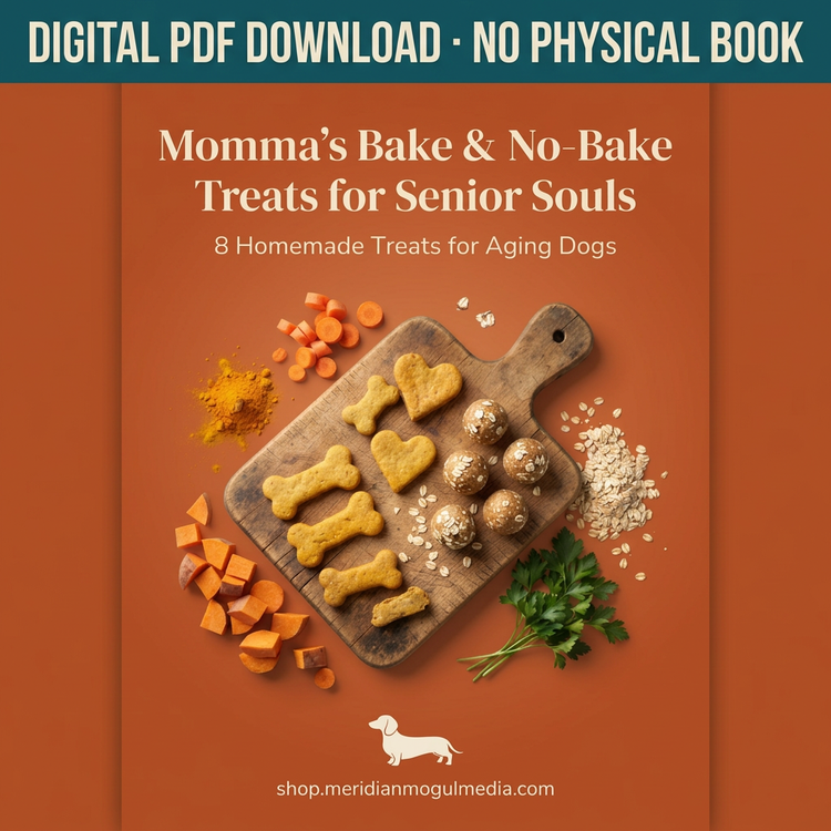 Digital cover for a PDF download titled 'Momma's Bake & No-Bake Treats for Senior Souls' with subtitle '8 Homemade Treats for Aging Dogs.' The design shows baked dog treats on a wooden cutting board with carrots, parsley, oats, and spices on an orange-brown background.