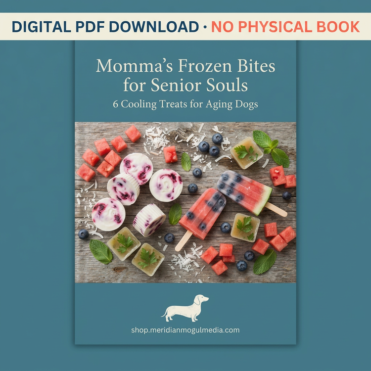 “Momma’s Frozen Bites for Senior Souls digital PDF cookbook cover, with a teal background and fruit-filled frozen dog treats.”