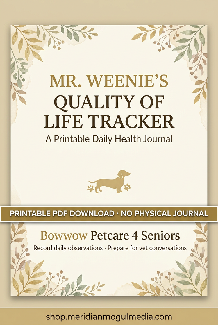 “Mr. Weenie’s Quality of Life Tracker printable PDF cover, with cream-and-gold leafy borders and a dachshund silhouette.”
