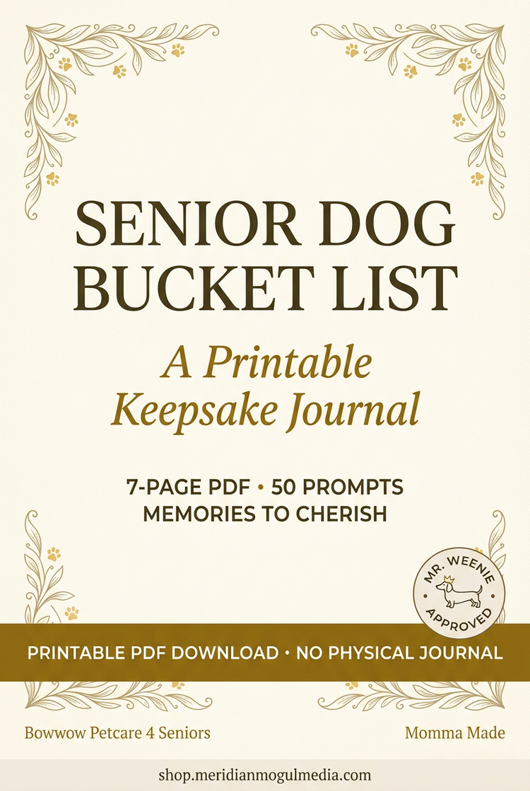 “Senior Dog Bucket List printable keepsake journal cover, with cream-and-gold botanical details and a Mr. Weenie Approved seal.”