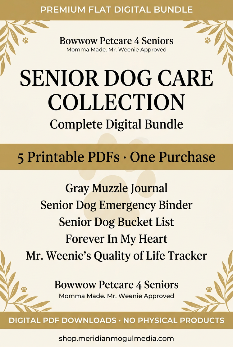 “Senior Dog Care Collection digital bundle cover, with cream-and-gold botanical details and a list of the five included printable PDFs.”