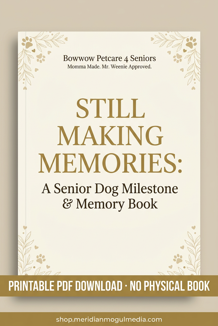 “Still Making Memories senior dog milestone and memory book cover, with cream-and-gold botanical details and a printable PDF download banner.”
