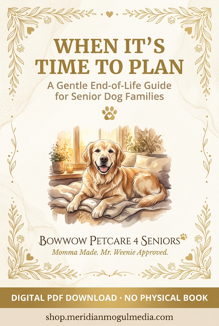 “When It’s Time to Plan digital PDF guide cover, with a cream-and-gold botanical border and an illustration of a golden dog resting on cushions.”